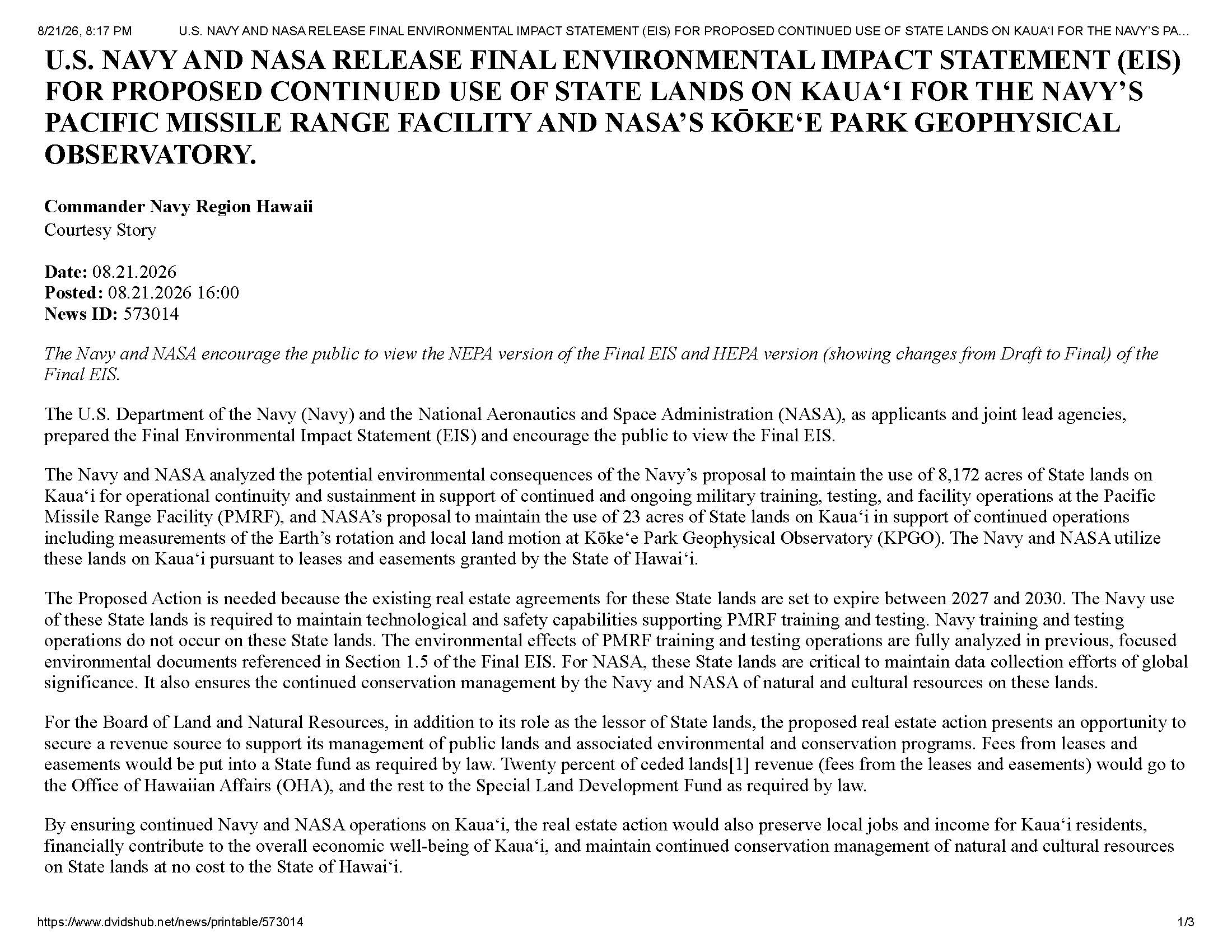 U.S. Navy and NASA Release Final EIS for Real Estate at Kōkeʻe Park Geophysical Observatory